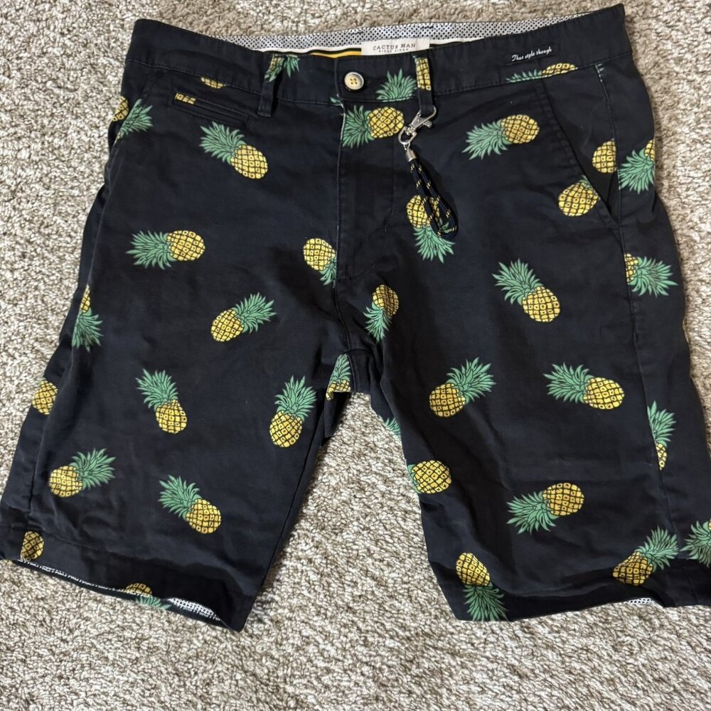 Cactus Man Shorts Mens 29 Black Pineapple Print Casual Summer Flat Front Cotton